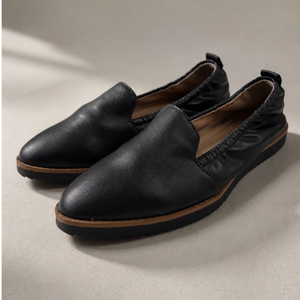 Adrienne Vittadini Womens Black Leather Pointed Toe Scrunch Slip On Loafers 6.5‎
